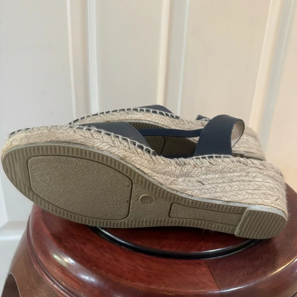 Andre Assous DAINTY Navy Blue Leather & Raffia Espadrilles Sandals 37
